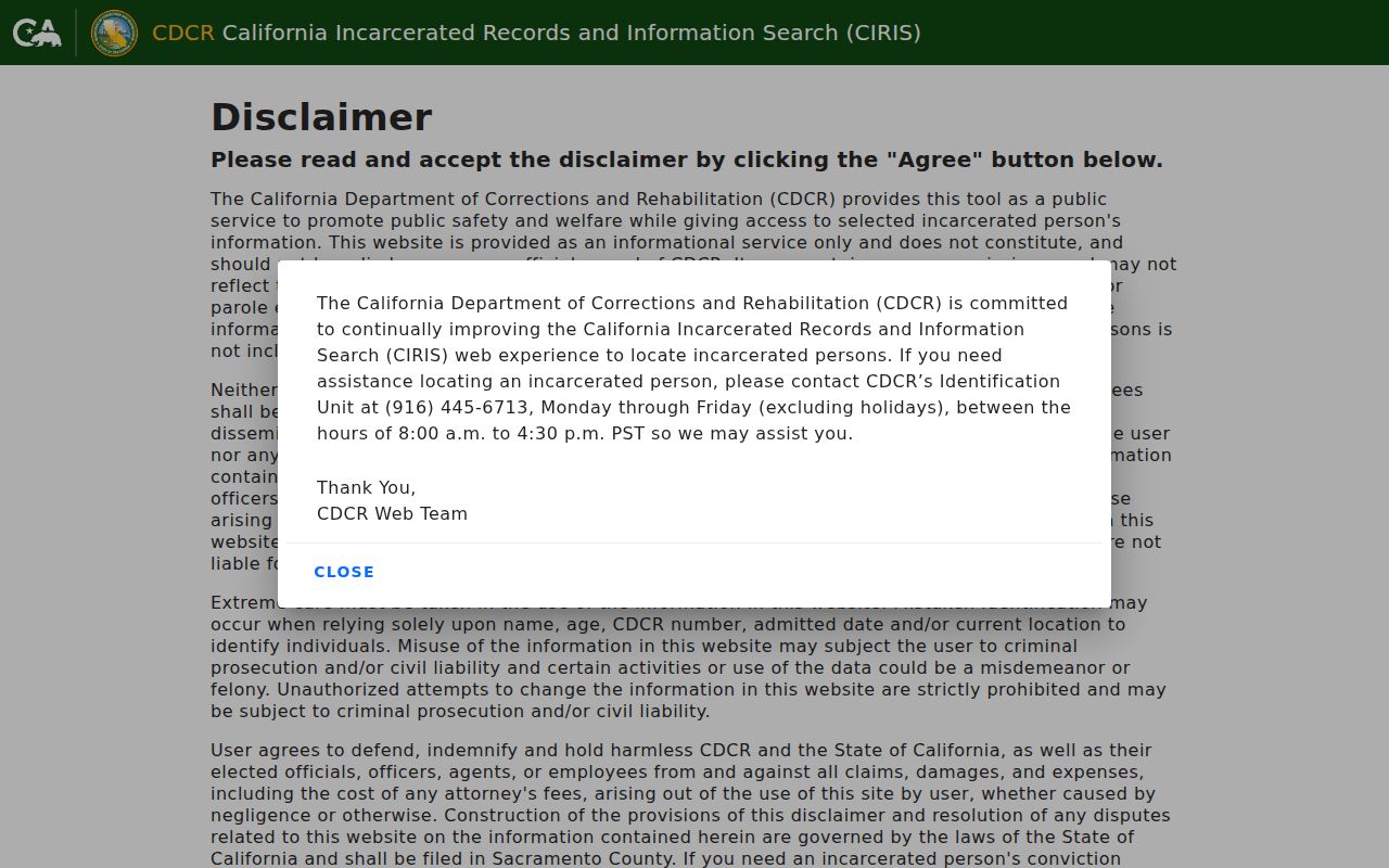 Rocklin resident lookup using the California CDCR incarcerated person locator