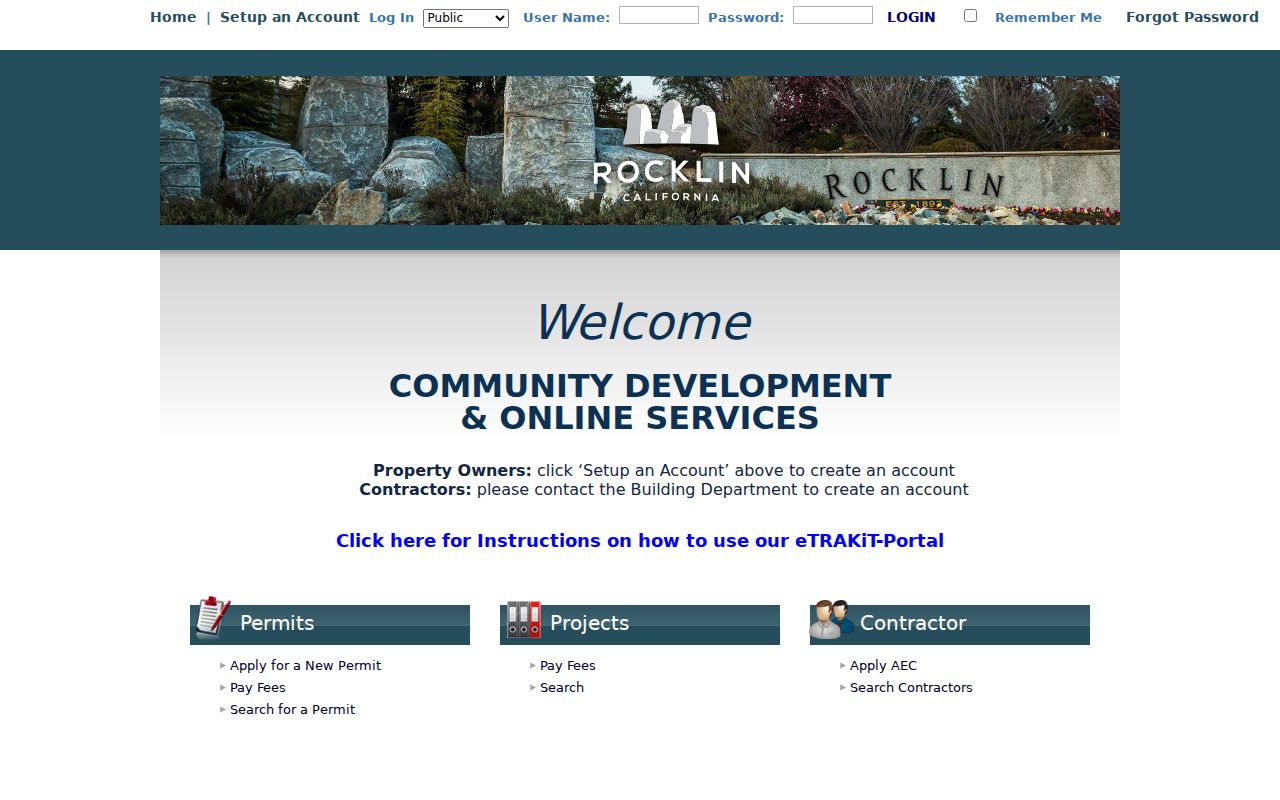 Rocklin street directory view of the eTRAKiT permit portal